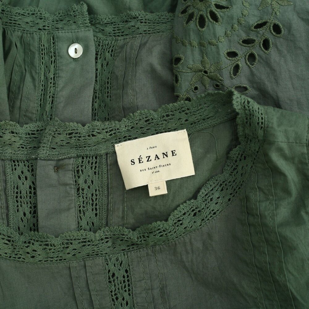 Sezane Enea Blouse Women's Top Eyelet Lace Embroidered Cotton Sage S-36 288882 - Picture 9 of 9